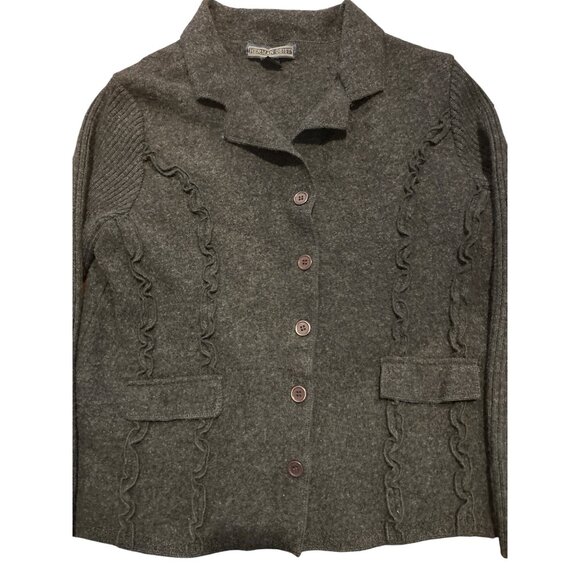 Women's Herman Geist Button-Up Gray Wool Blend Cardigan w/ Ruffle Details Sz XL - Picture 10 of 10